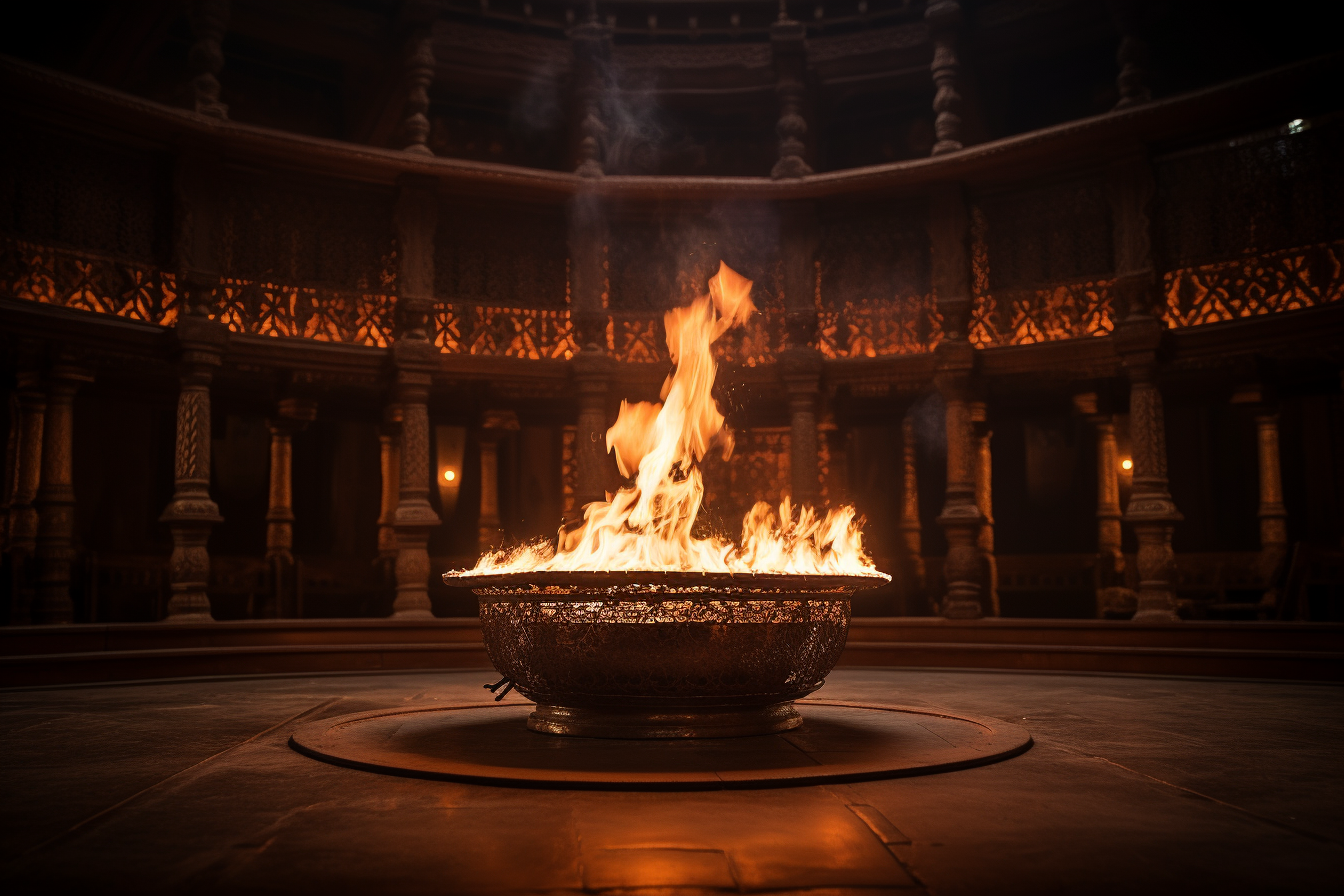 A flame burning brightly in an ancient Zoroastrian temple
