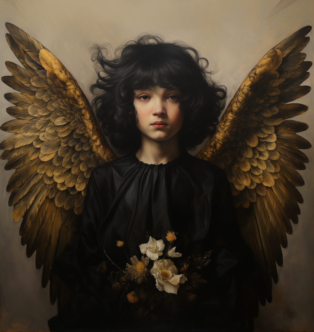Child angel with black hair and black wings