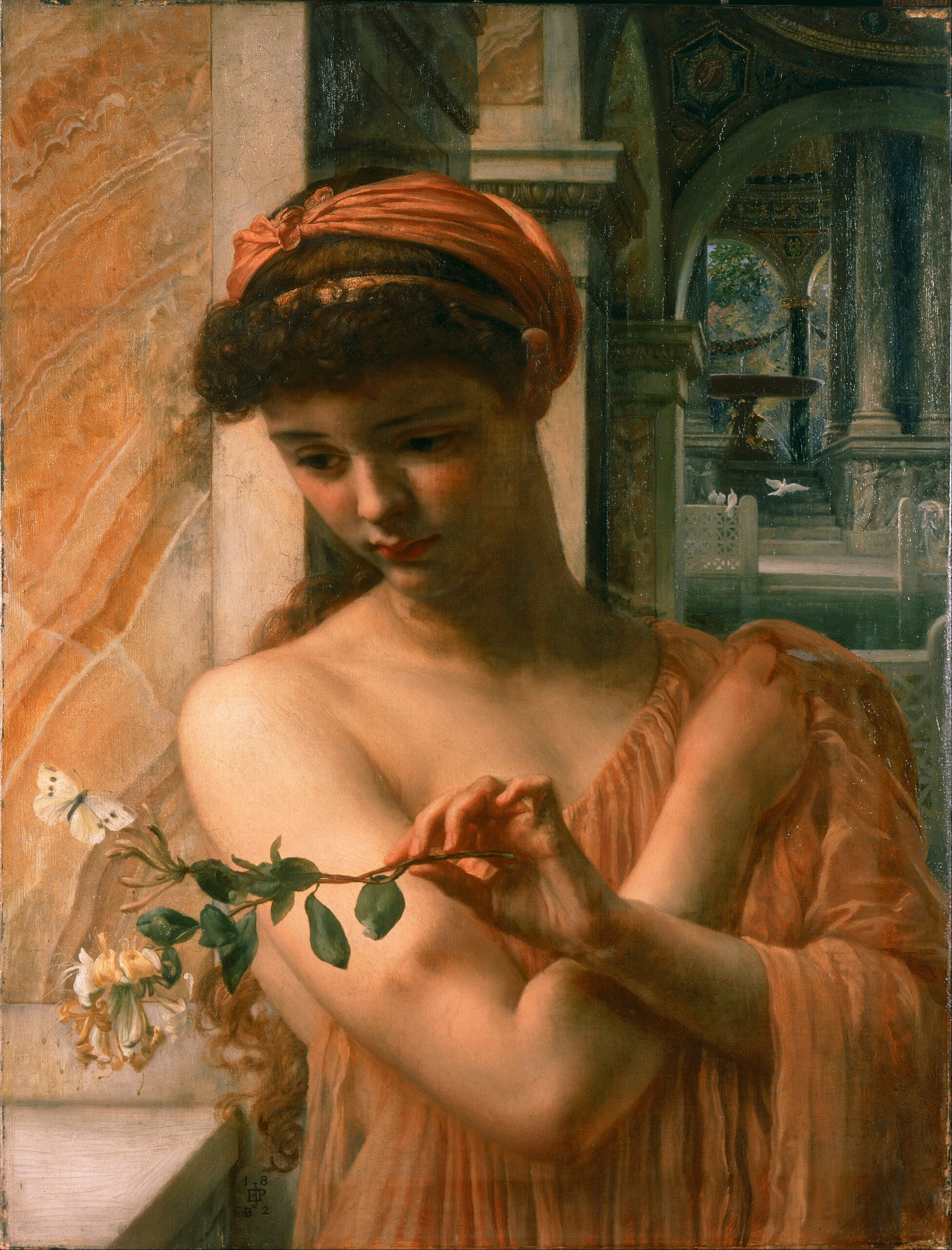 Title: Psyche in the Temple of Love Creator: Edward John Poynter Date Created: 1882 tag / style: Edward John Poynter; Psyche; mythological; Cupid; palace; temple; attribute; butterfly; flower; doves; Venus; woman; draped; aesthetic; art for art's sake