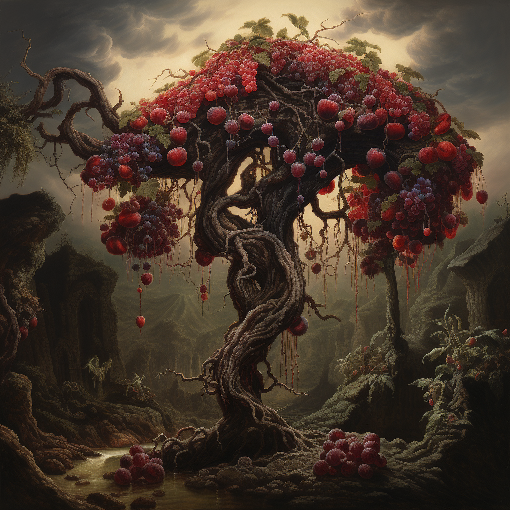 A digital artwork depicting a large mulberry tree in the depths of the underworld, with branches heavy with ripe, dark purple fruits.