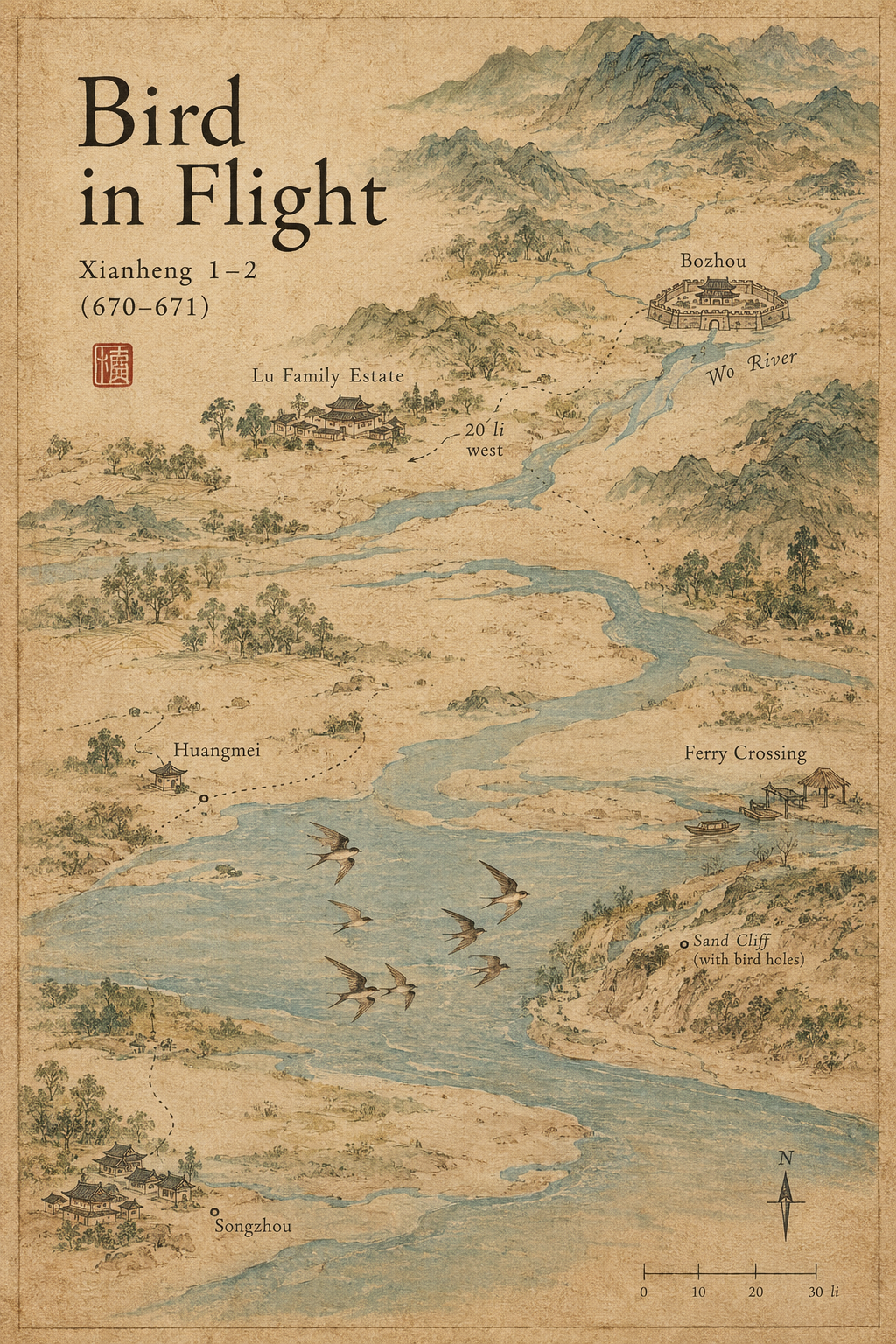 Bird in Flight cover: a parchment-style illustrated map with Bozhou, the Wo River, the Lu family estate, and sand martins over the water.